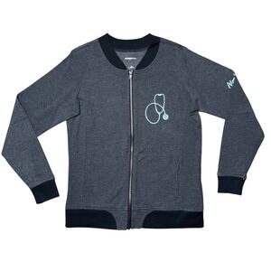 Charcoal Gray Bomber Jacket with Teal Stethoscope Graphic